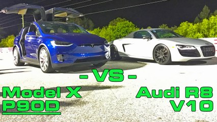 Tesla Model X P90D Ludicrous vs Audi R8 V10 Spyder 14 Mile Drag Racing