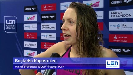 Boglarka Kapas, winner of Women's 1500m Freestyle (CR) – Day 13, London