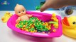 Learn Colors Baby Doll Bath Time M&Ms Chocolate Candy + Surprise Toys Video Compliation