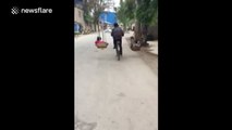Dad carries two children in baskets while riding a bike
