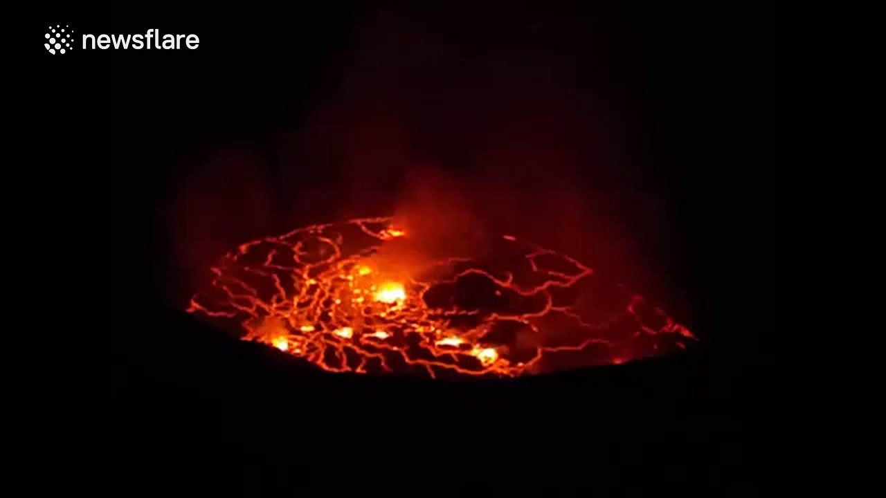 Glowing lava lake at Nyiragongo volcano in DRC
