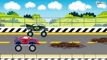 Spiderman truck vs Batman truck vs Superman monster truck Racing Track Cars Cartoons for children
