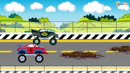 Spiderman truck vs Batman truck vs Superman monster truck Racing Track Cars Cartoons for children