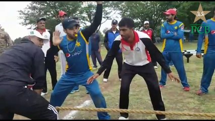 Pakistan cricketers beat Army trainers at tug of war