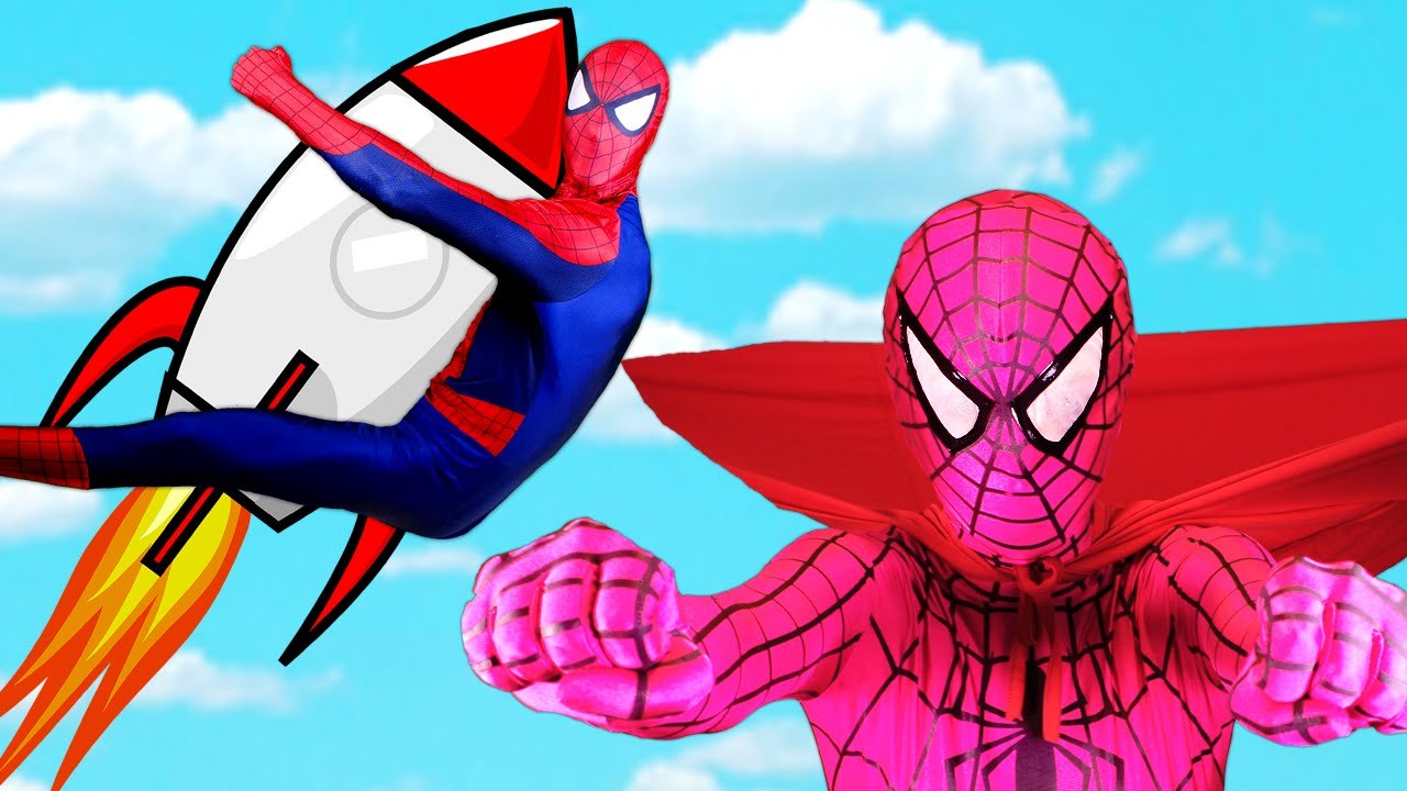 Spiderman & Pink Spidergirl Fly To The Moon! w  Frozen Elsa Anna & Kristoff, Batman and Supergirl  )