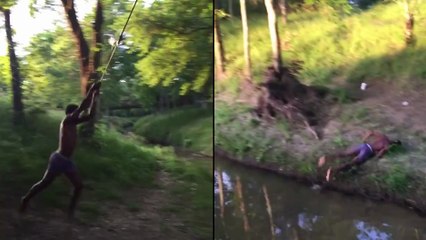 Sauter par dessus un cours d'eau avec une liane - Fail