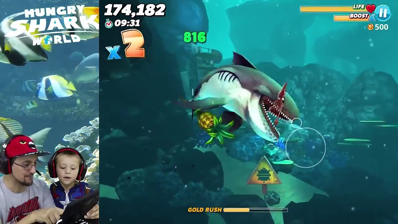 HUNGRY SHARK WORLD!  MegaMouth Sharks' Eat Everything, Even BOMBS!  FGTEEV Attack At Sea! HEHE YT f2