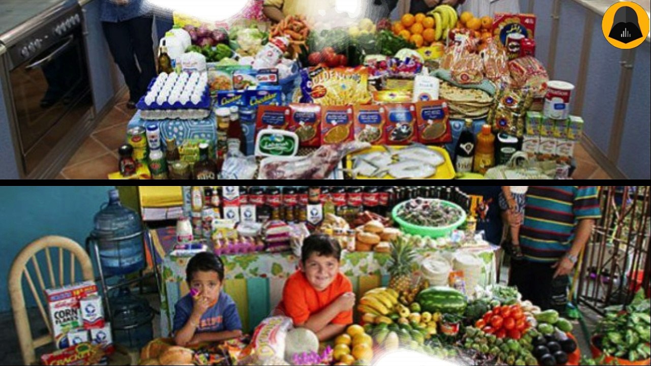 21 familles du monde entier posent devant une semaine de provisions