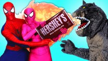 Spiderman & Pink Spidergirl vs Godzilla _ T-Rex!  w_ Frozen Elsa, mermaids & Joker! Superhero Fun _)