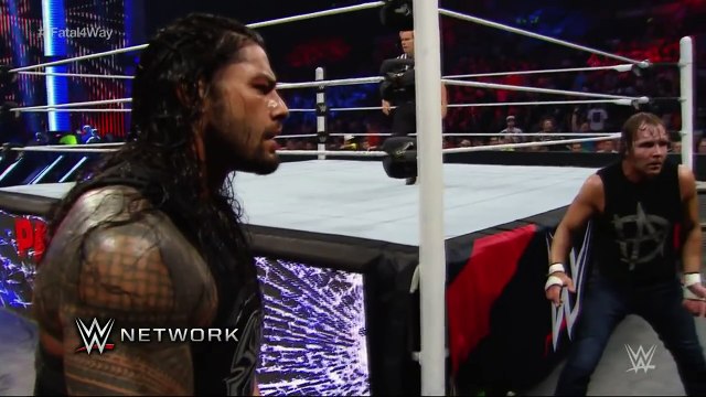 WWE Network Rollins, Reigns and Ambrose Triple Power Bomb Randy Orton through the announce table