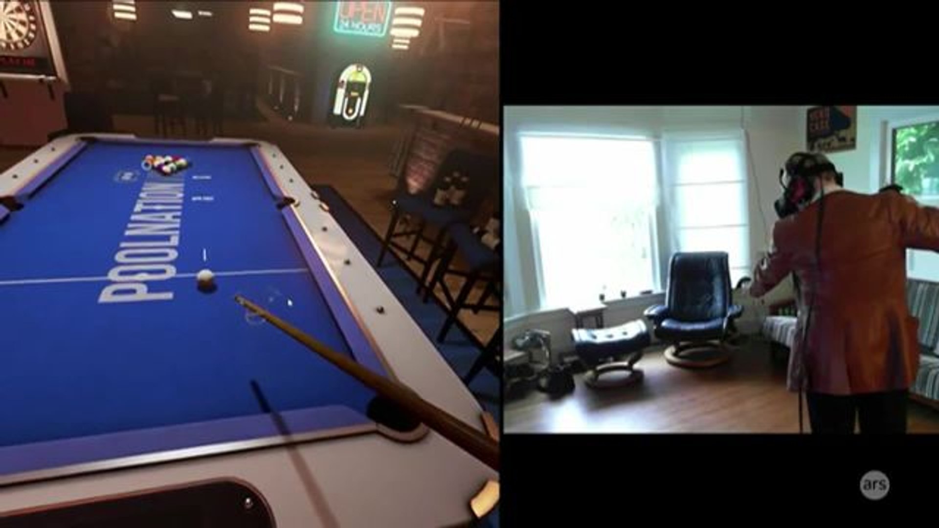 ⁣Sam plays virtual pool (and virtual darts) in a virtual bar (PoolNation VR)