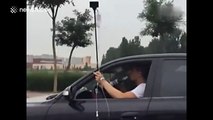 Man attached to IV drip drags it down the road while driving