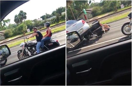 Une voiture roule sur une moto lors d'un road rage !