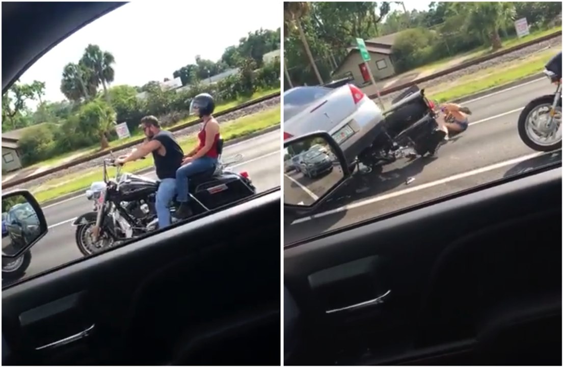 Une voiture roule sur une moto lors d'un road rage !