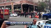 RUSH HOUR ATTACK A knife wielding man causes panic on a crowded New York City street filled with tou