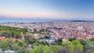 View of Barcelona day to night timelapse, the Mediterranean sea, The tower Agbar and The twin towers