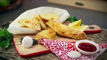 Low fat fish fingers with oven cooked potato wedges