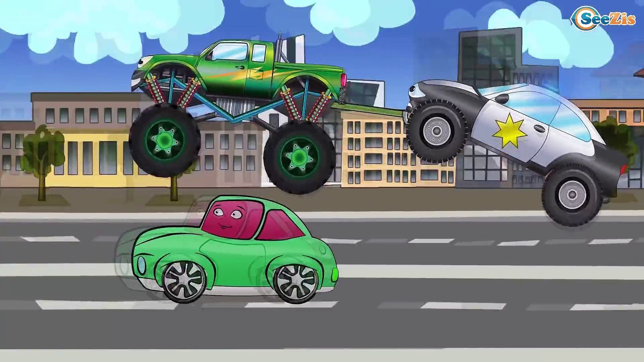 Arabalar cizgi filmleri. Monster Truck - Polis arabası. Akıllı arabalar. Çocuklar için arabalar