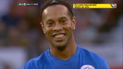 Ronaldinho Tries A Long Free Kick Attempt vs David Seaman During Soccer Aid!