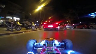 Driving a RC car remote control car at night in real car traffic