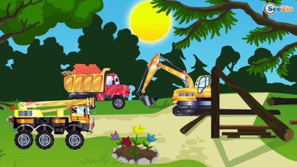 Cars Cartoon for children. Truck, Excavator, Crane. New buildings in the forest. Funny Cars
