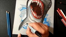 Drawing a 3D Dreadful Great White Shark, Trick Art by Vamos