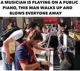 a musician is playing on apublic piano, this man walks up and blows everyone away