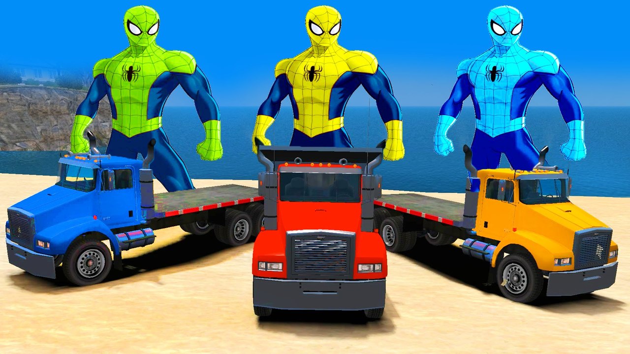 TRUCKS POUR ENFANTS avec Spiderman COLOR CARS ont tournés à Toboggan Comptines Chansons pour enfants