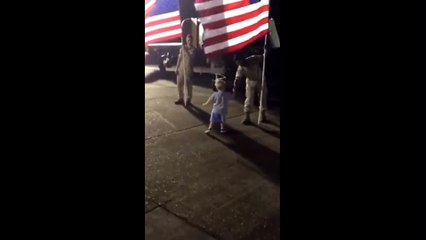 Adorable - 2 yr old runs to shake hands with the service man