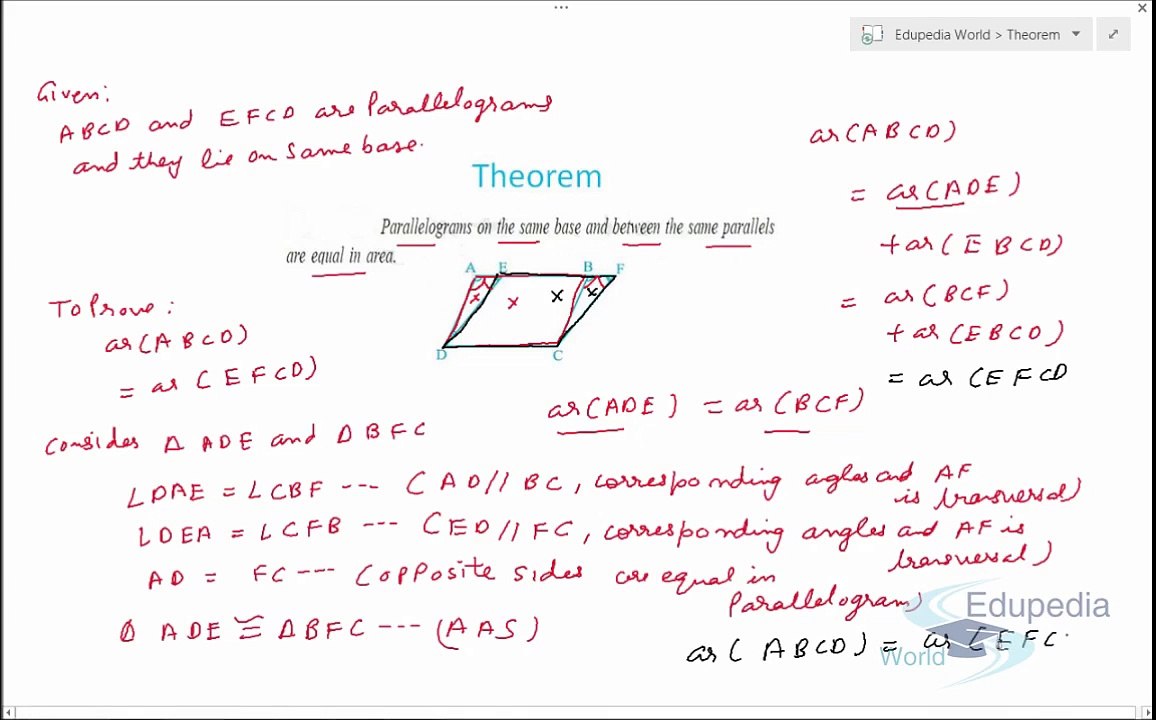 Area of Paralellogram and Triangle - Sec 2a(Theorem Prooved)
