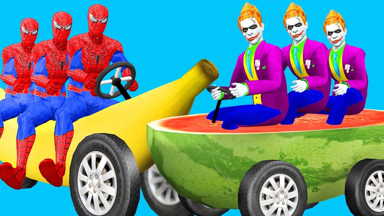 Drôle Joker Spiderman Fruits Driving Compilation Car Party Epic | Fruits d'apprentissage amusant pour les enfants