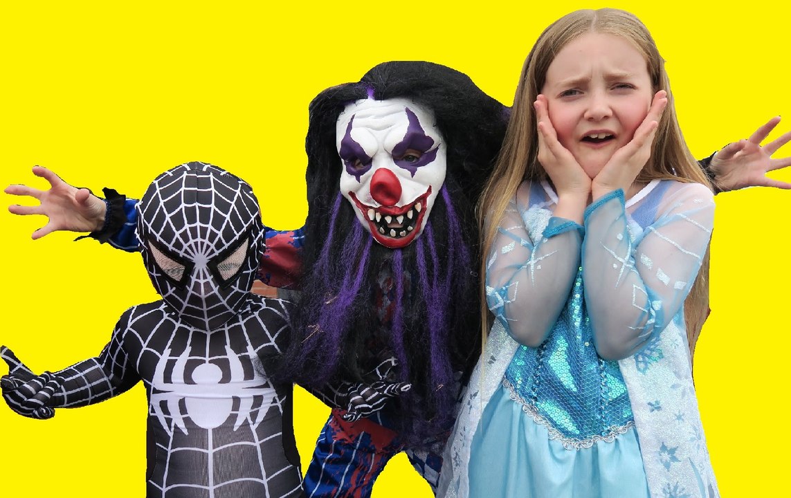 Spiderman cartoon, Black Spiderman and Frozen Elsa vs Zombie clown - Real Life Fun Superhero Movie !!