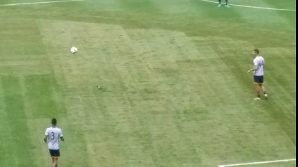 Piłkarz Los Angeles Galaxy trafia piłką w gołębia podczas rozgrzewki