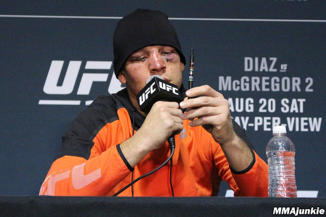 Nate Diaz vapes CBD oil at UFC 202 post-fight press conference