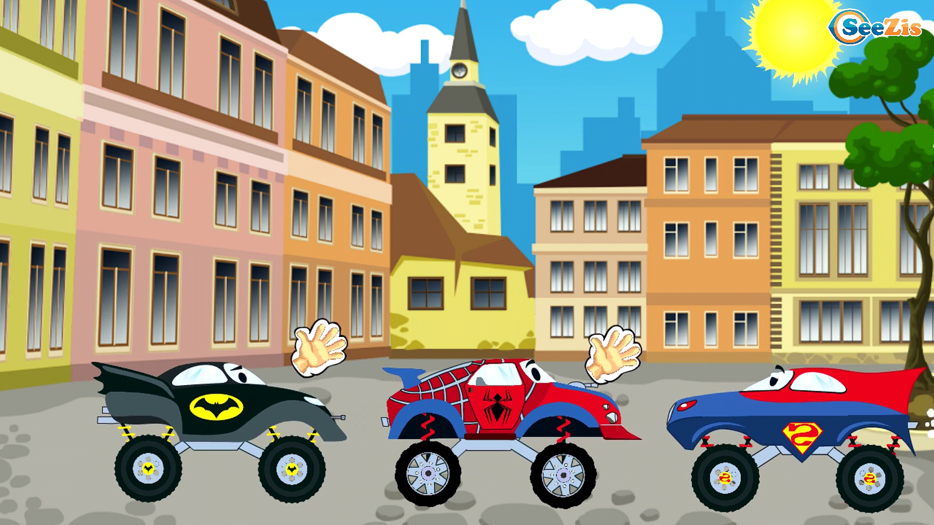 Spiderman Truck w/ Superman Truck vs Batman Truck & Iron Man Truck. Superheroes Monster Trucks