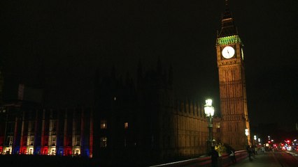 Houses of Parliament lit up with Union Jack colours in London