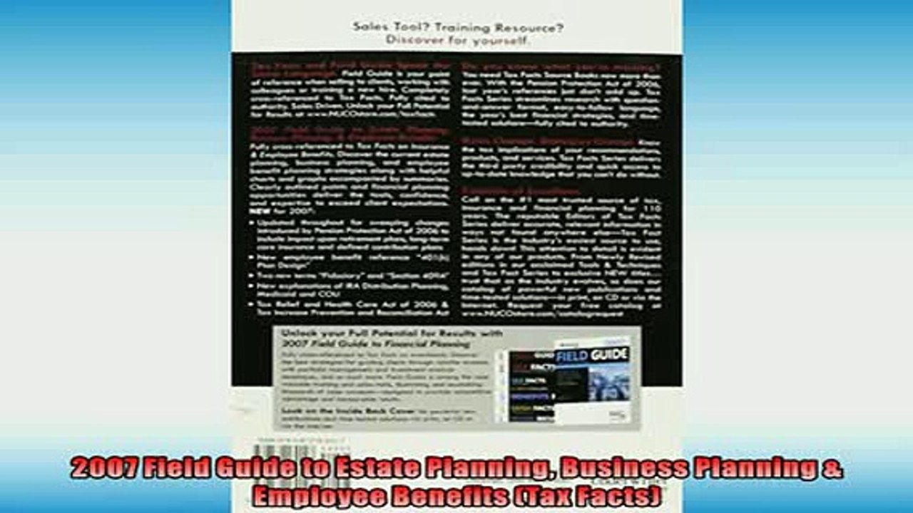 FREE DOWNLOAD  2007 Field Guide to Estate Planning Business Planning  Employee Benefits Tax Facts  FREE BOOOK ONLINE