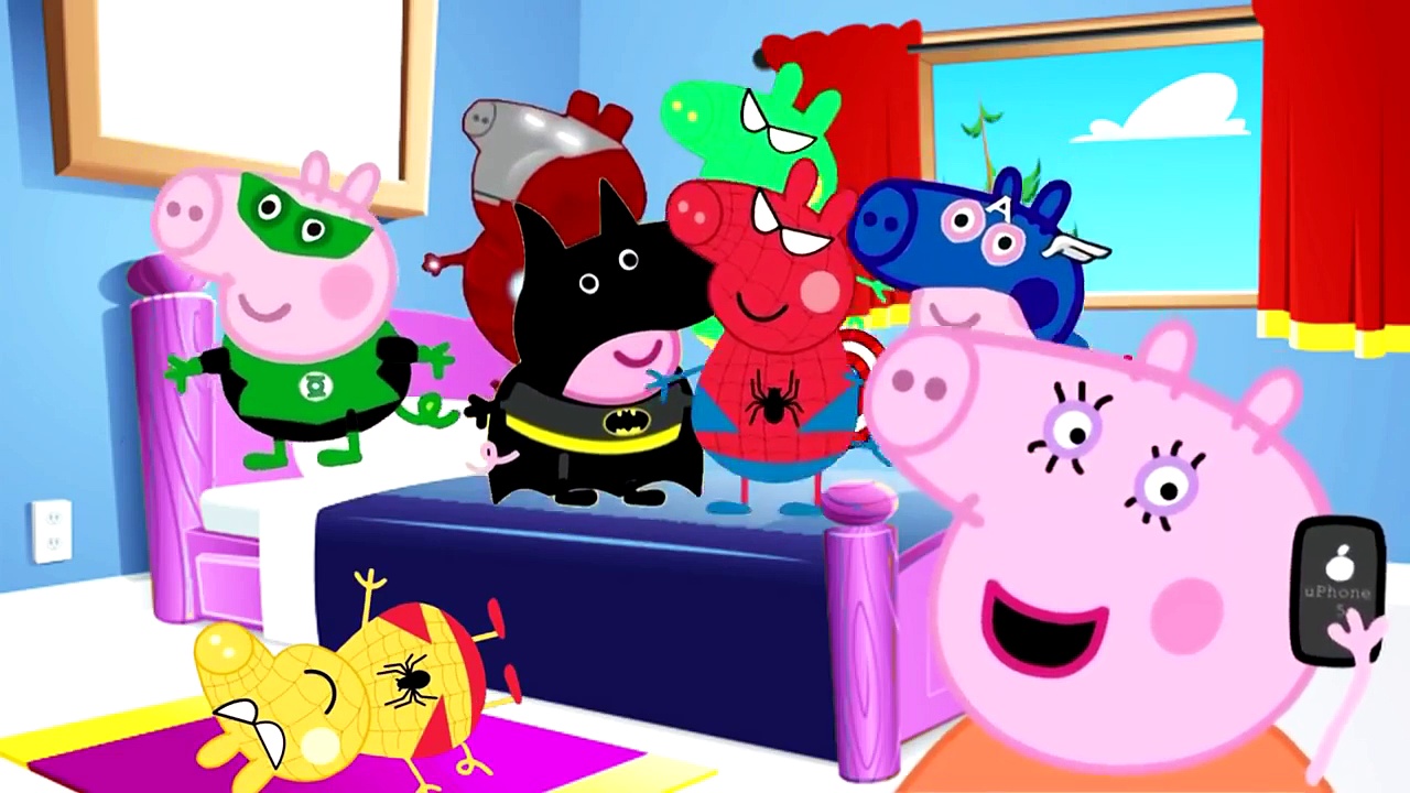 Five little Peppa jumping on the Bed