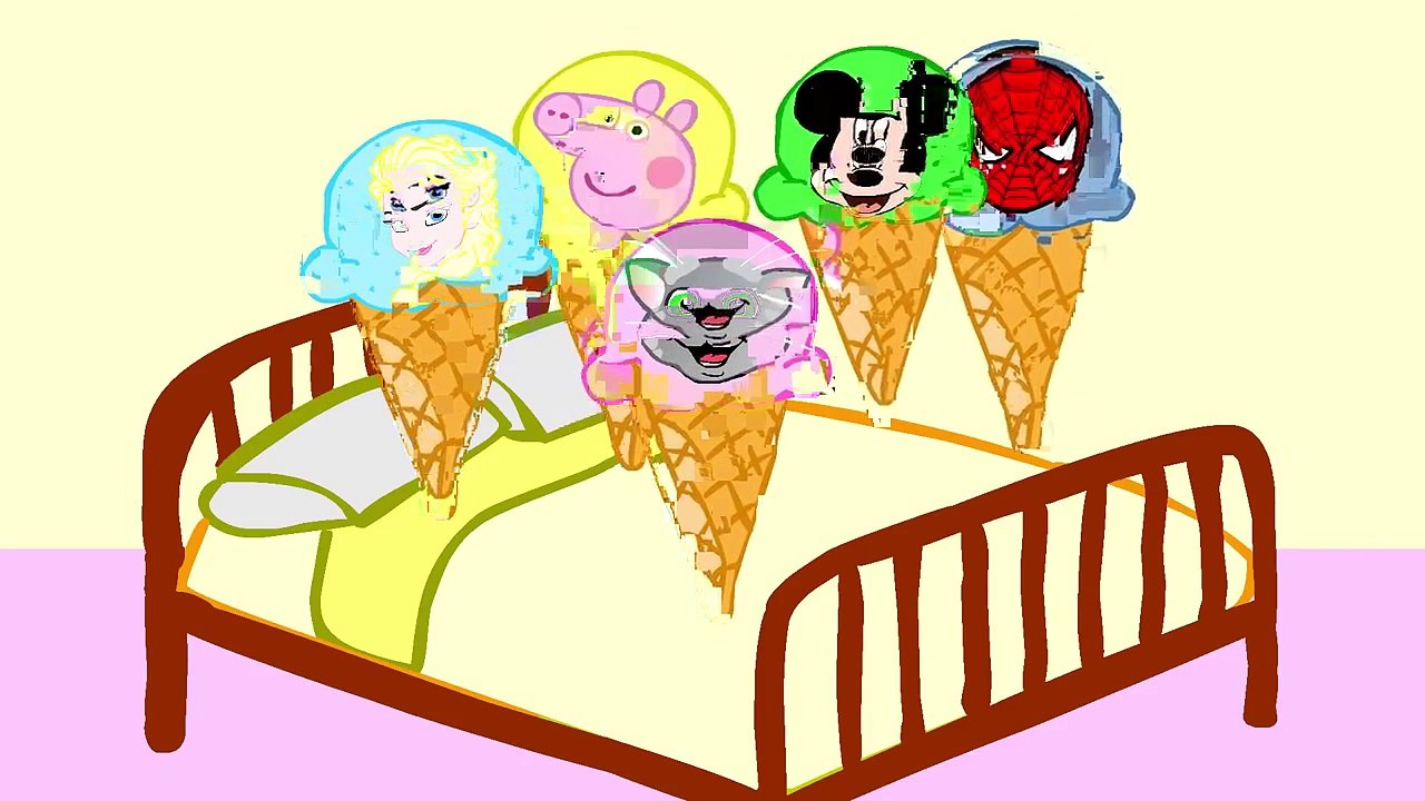 Five little Ice cream jumping on bed Peppa Pig Frozen Spider Man Talking Tom Mickey Mouse Parody