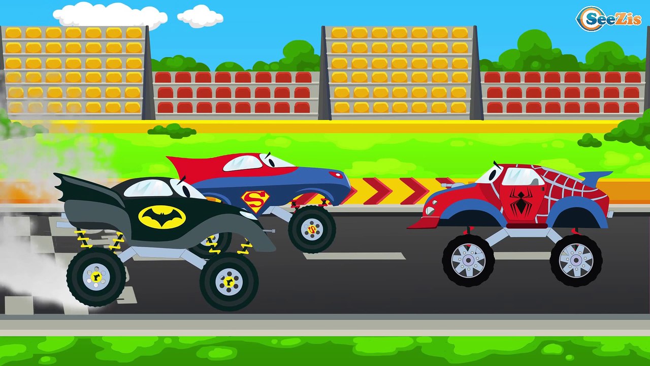 Superman Truck vs Batman Truck w/ Spiderman Truck Racing. Monster Trucks For Children - Kids Video