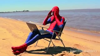 Superhero in Real Life   Spiderman On The Beach Watching A Video About Venom Super Hero Fights Vs In
