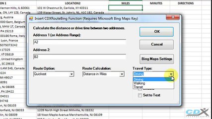 Get Driving Distance and Time using Bing Maps in Excel