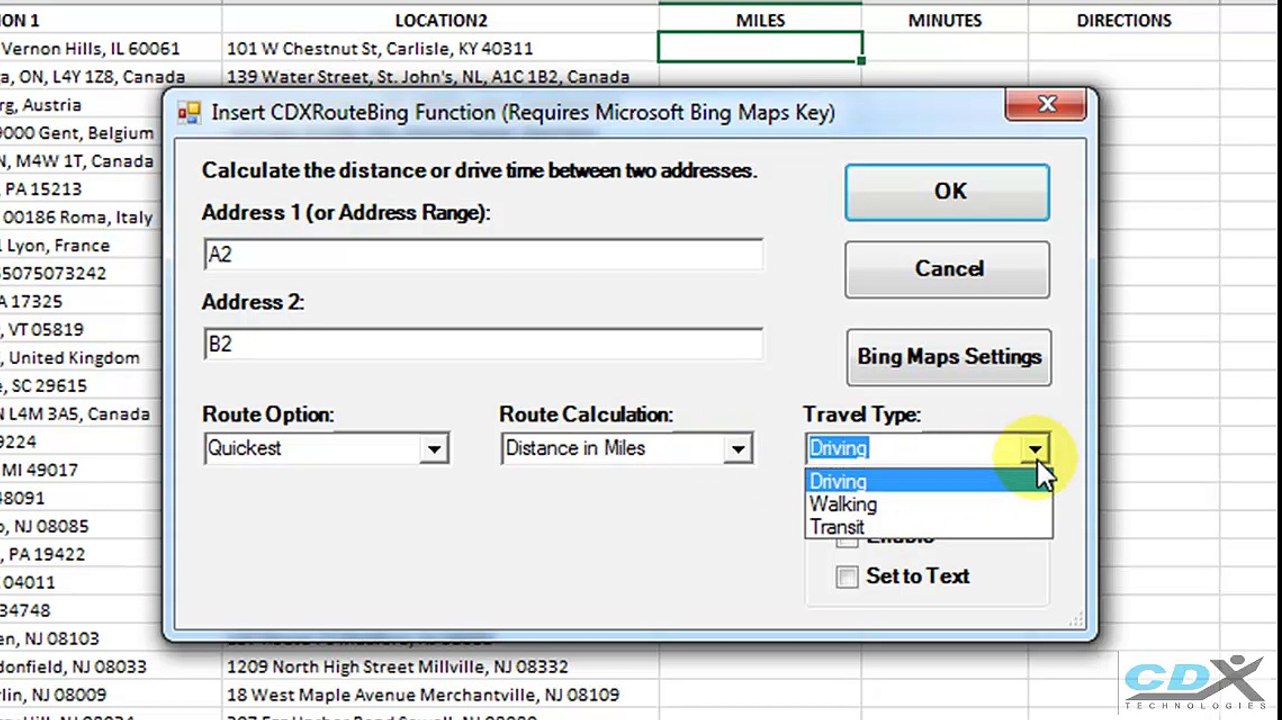 Get Driving Distance and Time using Bing Maps in Excel