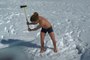 Barefoot Near Naked Ice Boy Dejay Davison ice swimming Lake Alta Queenstown NZ