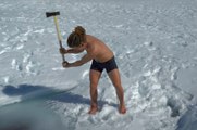 Barefoot Near Naked Ice Boy Dejay Davison ice swimming Lake Alta Queenstown NZ