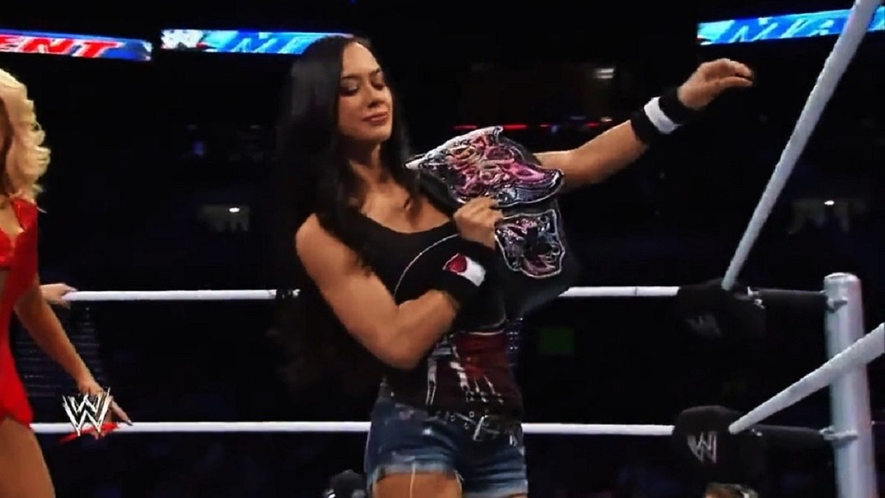 WWE MAINEVENT 20 November'2013 AJ Brooks as AJ Lee in Akumu Ink,at the ring during a fight of Tamina vs Naomi,Tokyo Nightmare