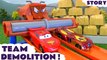 TEAM DEMOLITION --- Join Lightning McQueen from Disney Cars as they see how many bricks they can knock down, Featuring Spiderman, Mater, Captain America and Ironman from The Avengers, Batman, Ultron, Star Wars and many more family fun toys