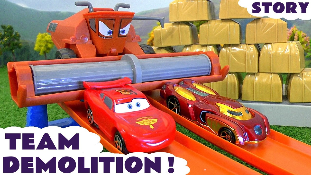 TEAM DEMOLITION --- Join Lightning McQueen from Disney Cars as they see how many bricks they can knock down, Featuring Spiderman, Mater, Captain America and Ironman from The Avengers, Batman, Ultron, Star Wars and many more family fun toys