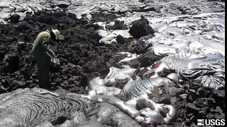 Hawaiian Volcano Observatory geologist takes lava sample (9/24/14)