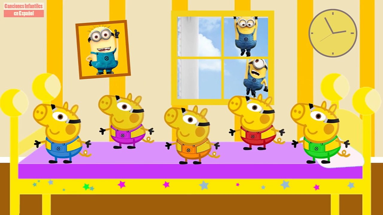 Cinco Monitos Saltando En La Cama En Español | Cinco Peppa Pig Se Disfraza de Minions